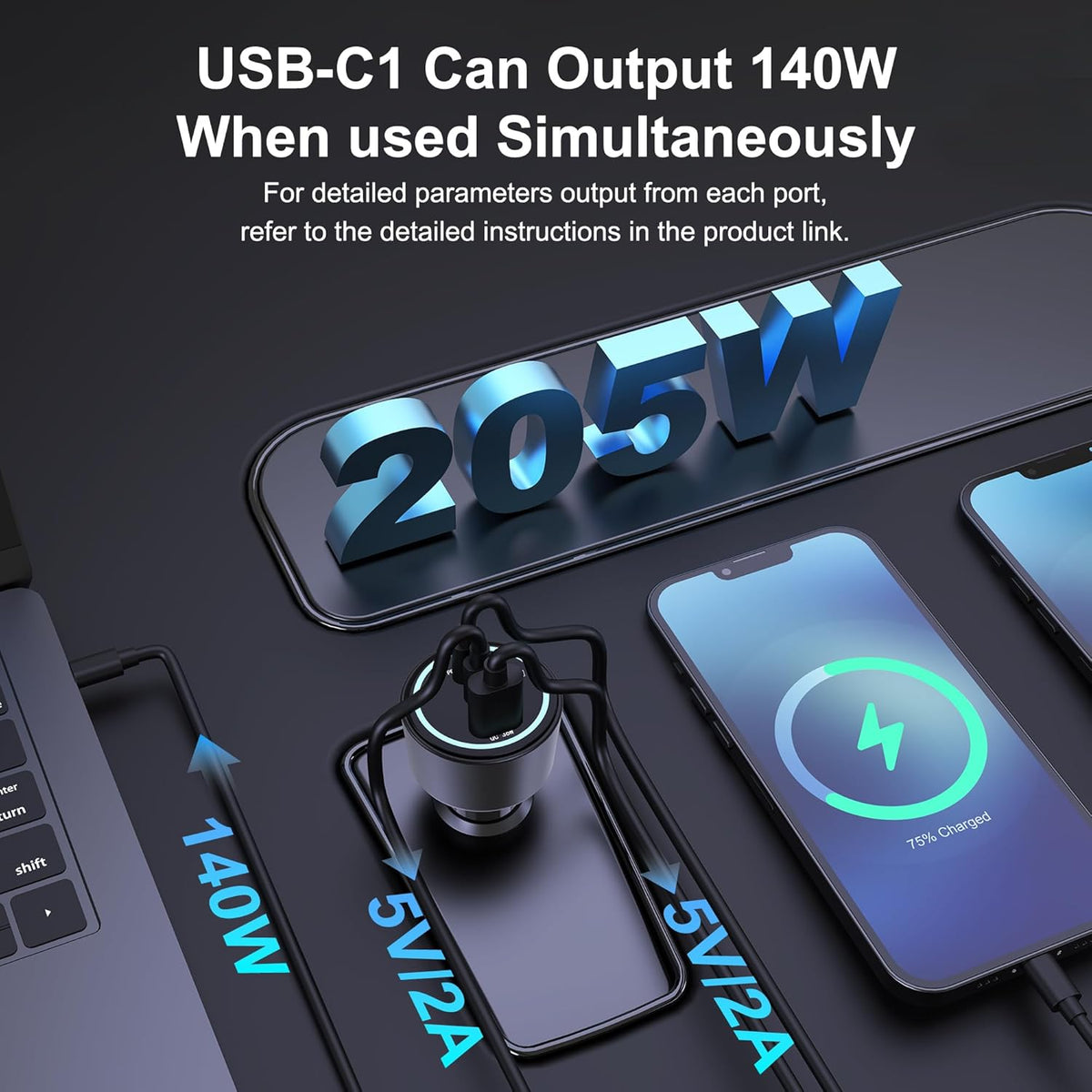 205W USB C Car Charger, 3-Ports PD3.1/PPS/QC3.0 Fast Charging Type C Cigarette Lighter Adapter for MacBook Pro Laptop, iPhone 16/15/14/13/12, Galaxy S24/S23 Ultra etc