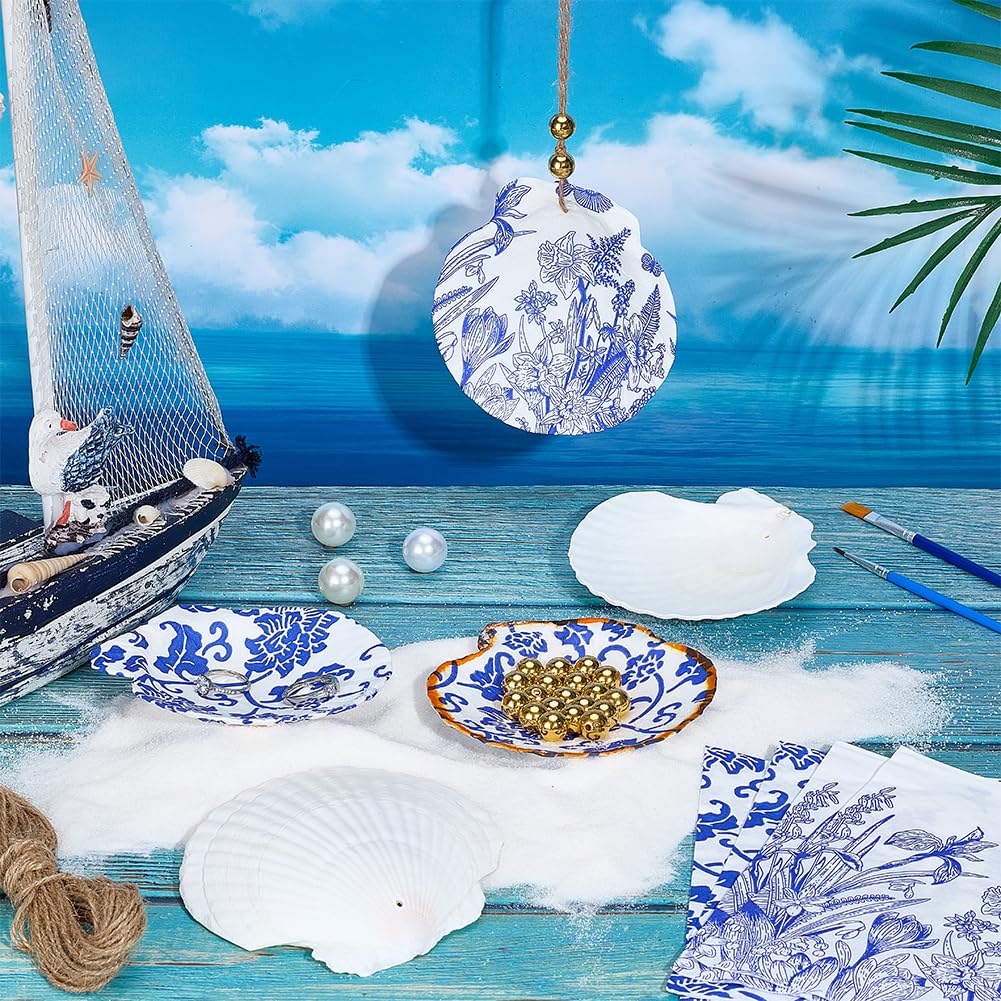 PH PandaHall 12 Set Scallop Shells Decoupage Kit, White Natural Large Shells with 24pcs Decoupage Paper 10m Cord 2pcs Paint Brush 30pcs Gold Bead Seashell Painting Kit for DIY Crafts Tray Decor Making