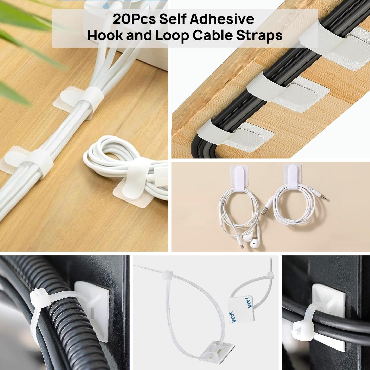 Ditar Cable Management Kit - 4 Cable Sleeve, 28 Self Adhesive Cable Clips, 29 Cord Holders, 10+2 Roll Cable Organizer Straps and 100 Fastening Cable Ties for TV Computer Under Desk (White)
