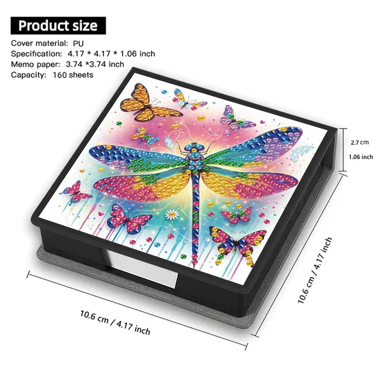 POETRYDRAW 5D DIY Diamond Art Painting Notecard Box Dragonfly– Memo Pad Sticky Note Holder with 160 Sheets, Gem Art Notecard Organizer for Adults