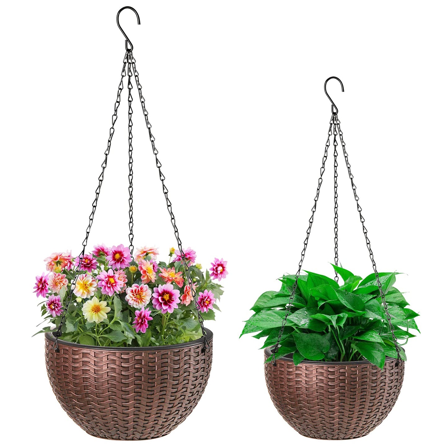 Foraineam 2-Pack Dual-pots Design Hanging Basket Planters Self-Watering Indoor Outdoor Plant & Flower Hanging Pots with Drainer and Chain, 2 Size Assorted