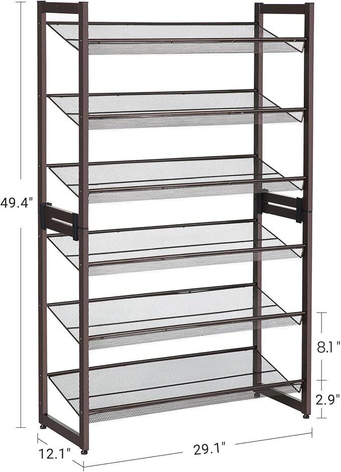 SONGMICS Shoe Rack, 6-Tier Shoe Organizer, Metal Rack for Garage, Set of 2, 3-Tier Stackable Shelf, with Adjustable Flat or Angled Shelves, 18-24 Pairs, Bronze ULMR03A-2