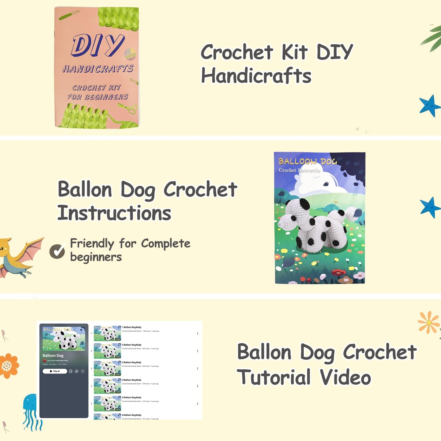 Dog Crochet Kit for Beginners, Larger Size Amigurumi Starter Kit with Step-by-step Tutorial Video and User Manual, Easy Art Crochet Knitting Amigurumi, DIY Animal Kits Dogs Puppy Lovers