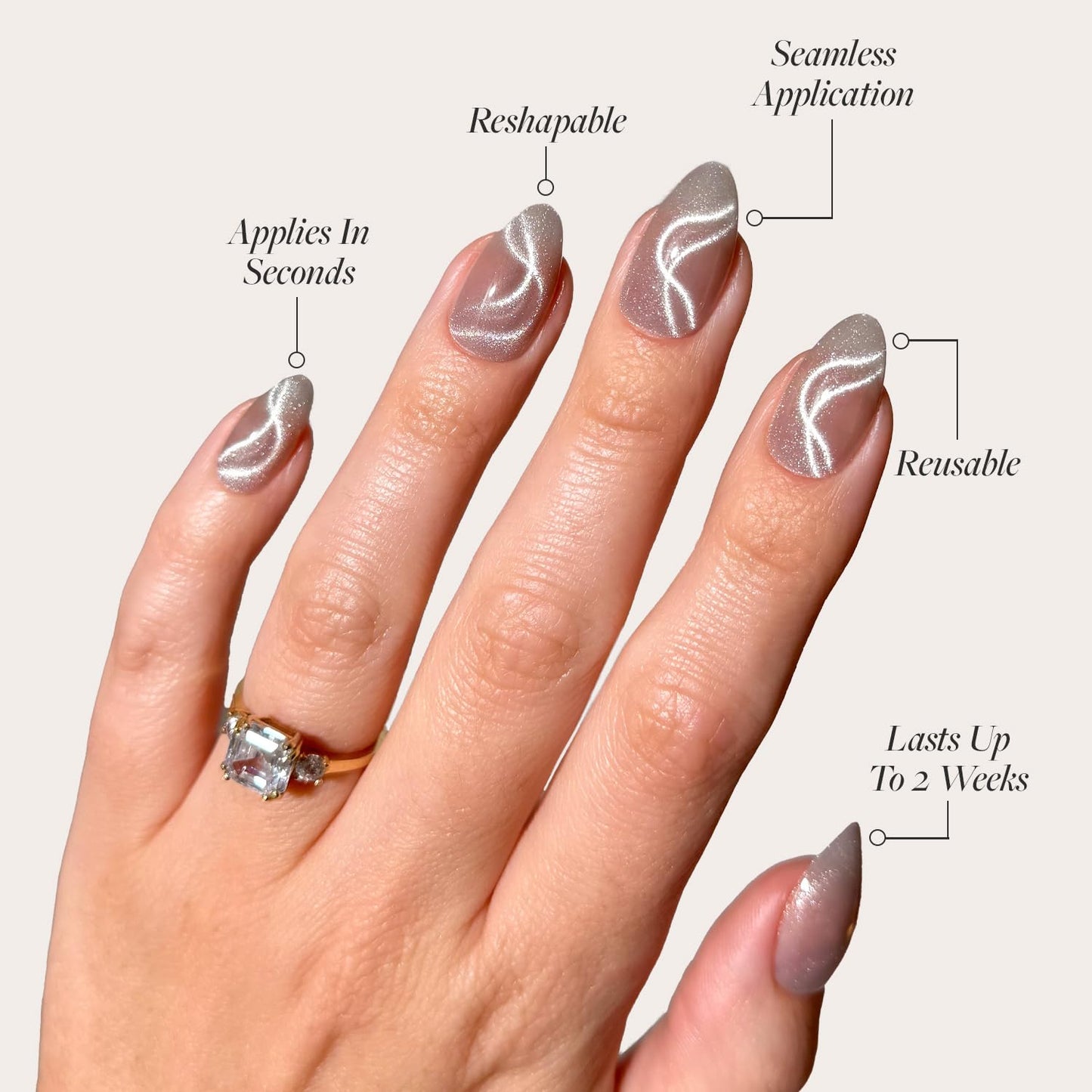 Glamnetic x GLAMZILLA Press-On Nails & Adhesive Nail Tabs - WOO-MAN! | Gray Short Almond Fake Nails with Velvet Cat Eye | 15 Sizes - 30 Nail Kit with Adhesive Tabs