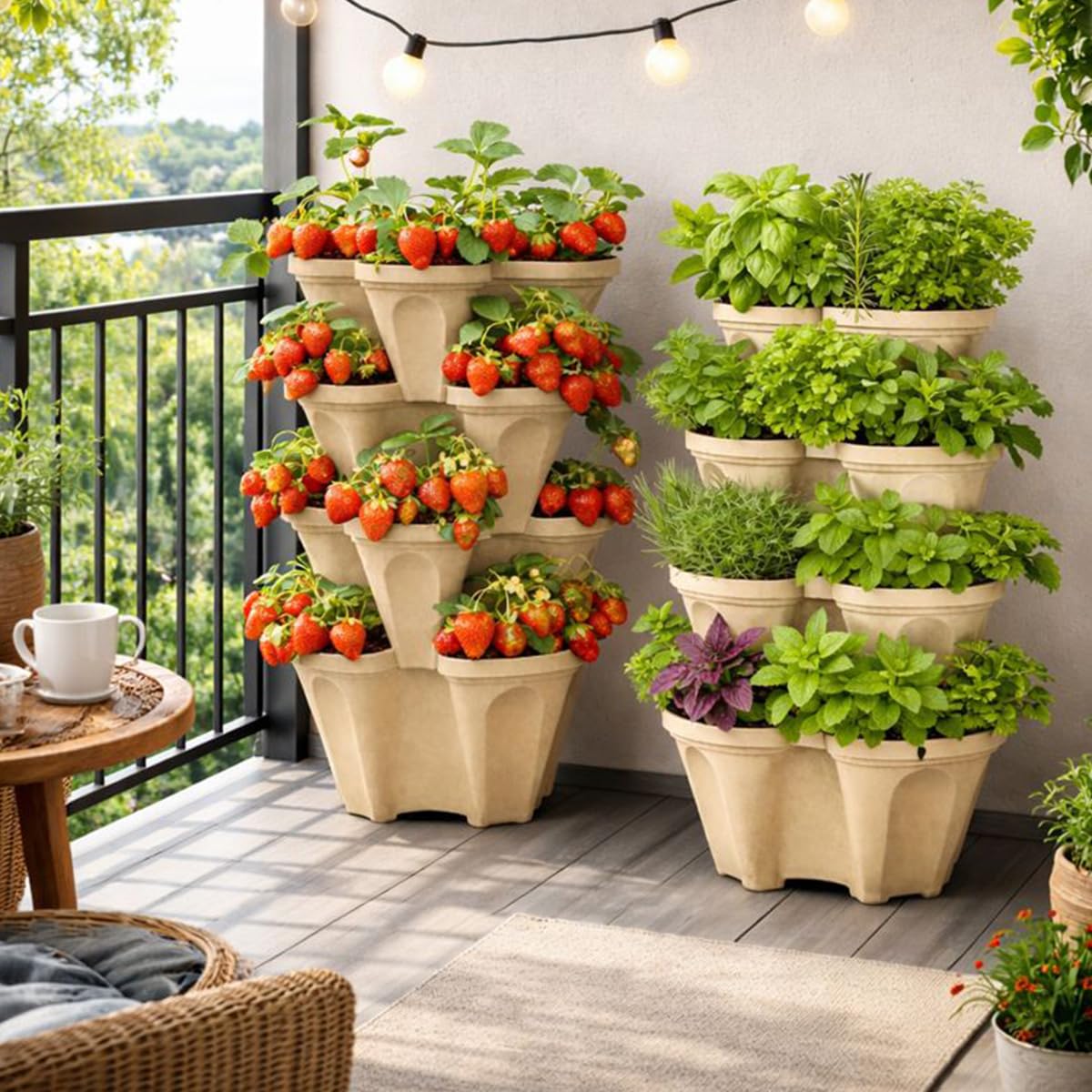 Stackable Vertical Planter Tower, 4 Tier Strawberry Planter,16 Plant Sites, Space Saving Garden Planter for Vegetables & Herbs, Indoor Outdoor, Made in USA (Desert Sand)