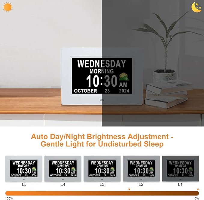 SSINI Digital Calendar Dementia Alarm Clock with Day and Date for Elderly - 15 Alarms 5 Colors Display Digital Clock Large Display Alzheimers Large Digital Clock for Seniors (7in White)