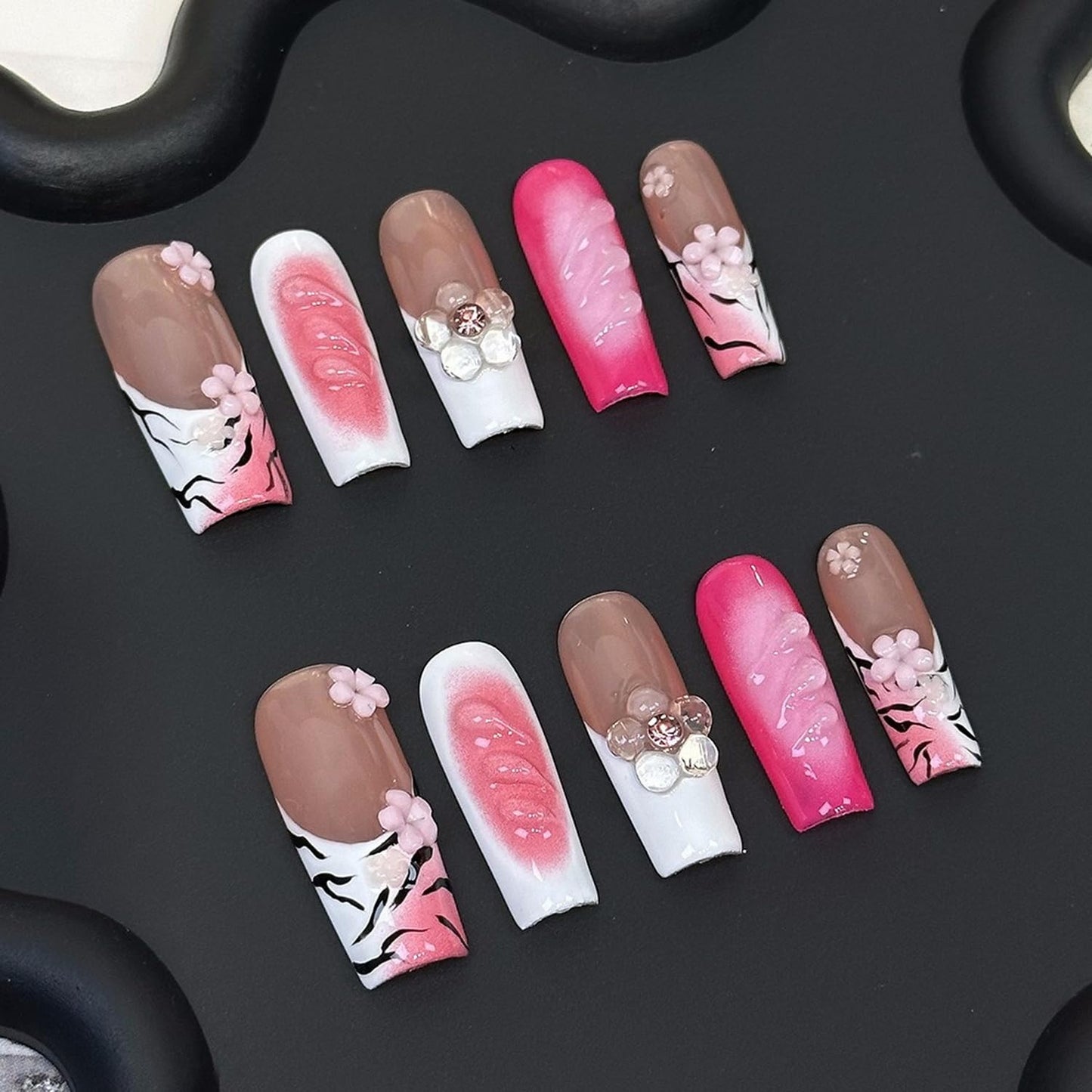 Handmade Press on Nails Long Square Shaped Fake Nails with 3D Rhinestones Flower Design Thick Acrylic and Muti-Layer Gel False Nails White French Tip Full Cover Acrylic Nails for Women (Size M)