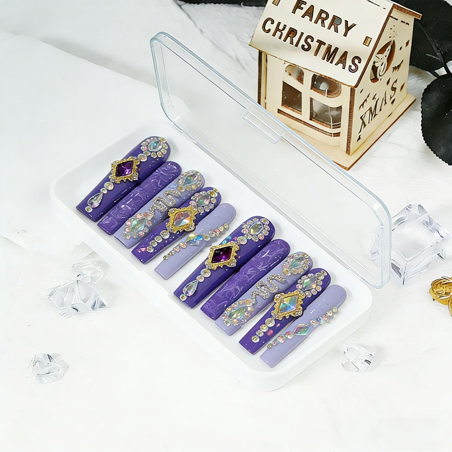 10 Pcs Extra Long Handmade Press on Nails Square Fake Nails with 3D Rhinestones Charms Design Purple Acrylic False Nails Wedding Party Long Press Ons Nails Square for Women - M Size