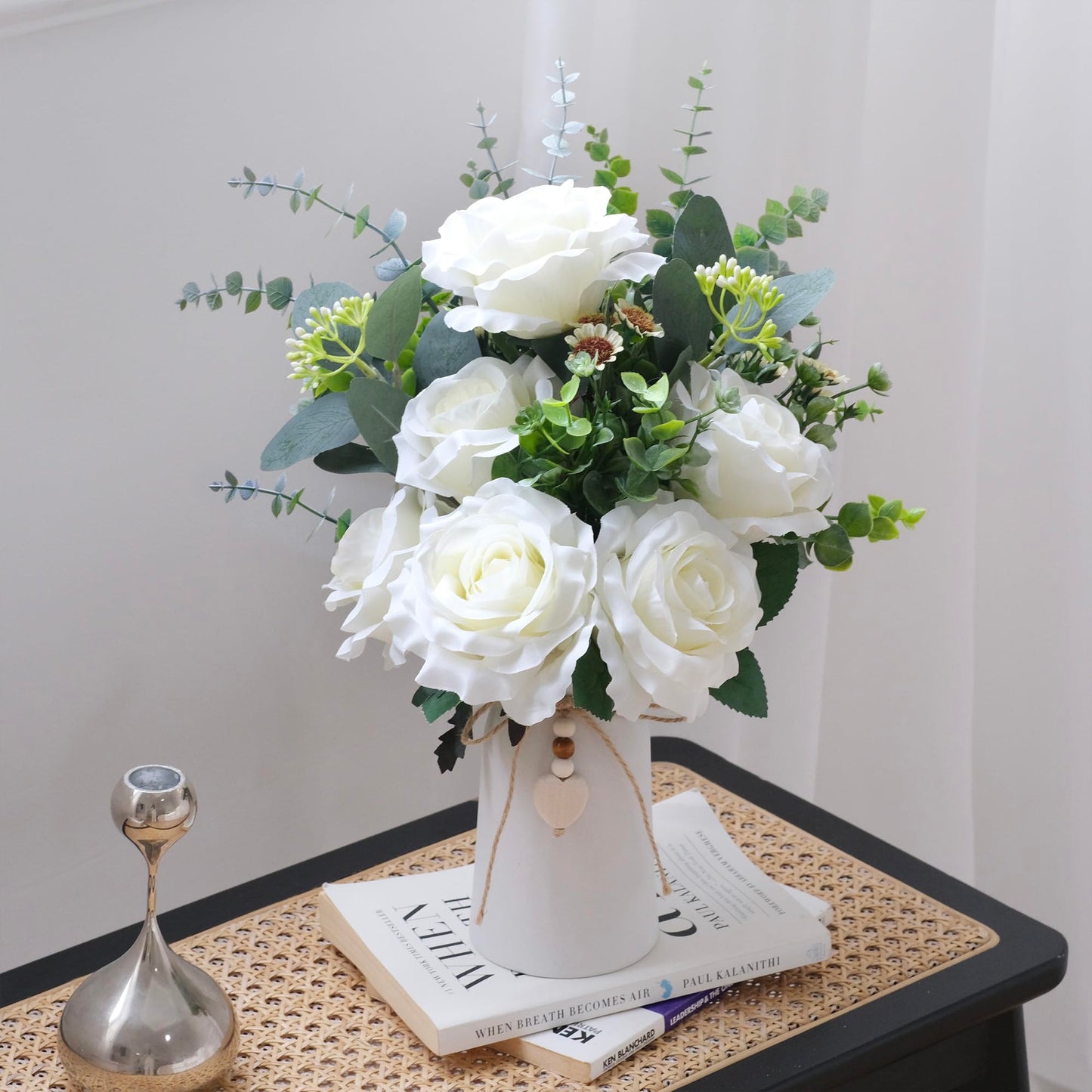 Artificial Rose Flower Arrangement in 6'' White Ceramic Vase with Heart Charm Décor, Flower Arrangement with Eucalyptus Stems and Greenery, Rustic Farmhouse Table Centerpiece, 14"H x 9’’W