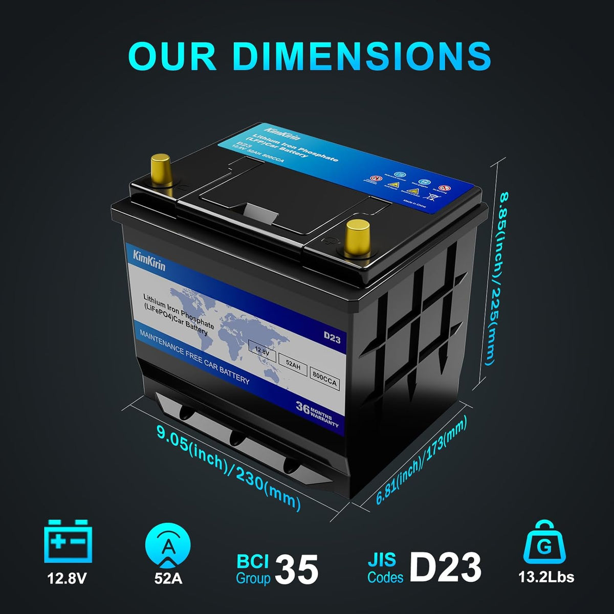 XINGCELL Kim Kirin12.8V 52Ah LiFePO4 Car Battery Group 35/D23 – Lithium Iron Phosphate Deep Cycle Battery with 800CCA High Cranking Power for Start-Stop Cars RV Marine Solar