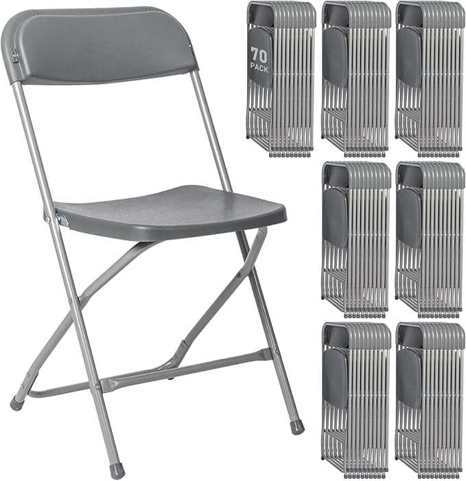 70 Pack Plastic Grey Folding Chairs,Portable Party Chairs Stackable Commercial Seats with Steel Frame for Office Home Outdoor Indoor Wedding Party Patio Dinning Events,350lbs Capacity