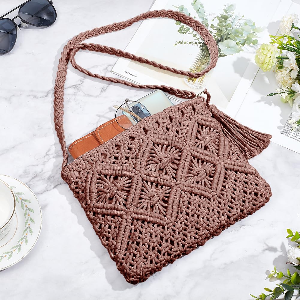 WEBEEDY DIY Macrame Bag Kit Boho Macrame Shoulder Bag Making Kit with 3mm x 142 Yards Cotton Cord and Video Tutorial,Macrame Purse Kits for Beginners Summer Beach Christmas Decor Gift,10.4x8(Brown)