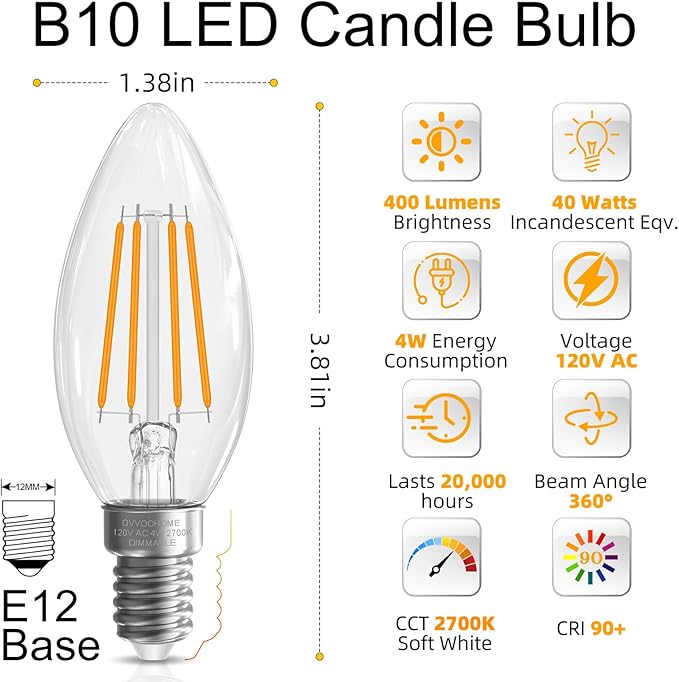 GvvooHome E12 Candelabra Bulb 40 watt Equivalent, E12 LED Bulb Dimmable Chandelier Light Bulbs, B10 Candle Light Bulbs 2700K Soft White, 90+CRI, 400LM, Clear Glass, 12 Pack