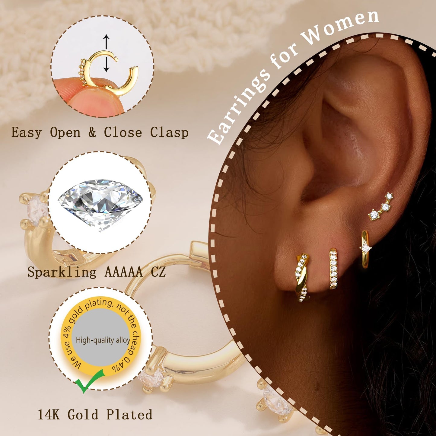 Gold Stud Earrings for Women, 6 Pairs 14K Hypoallergenic Cartilage Earrings for Multiple Piercing, Dainty Small Stackable Gold Hoop Earrings Set