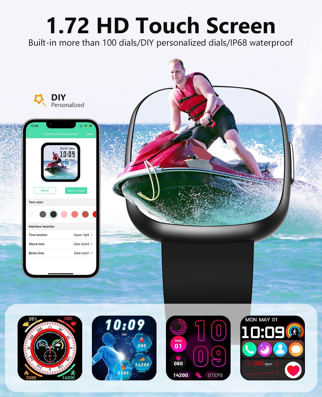 BooaBei Smart Watches, 1.72" Smartwatch for Men Women (Answer/Make Call), Fitness Tracker with 100+ Sport Modes, IP68 Waterproof, Heart Rate/Sleep/Spo2 Monitor, Activity Tracker for Android iOS