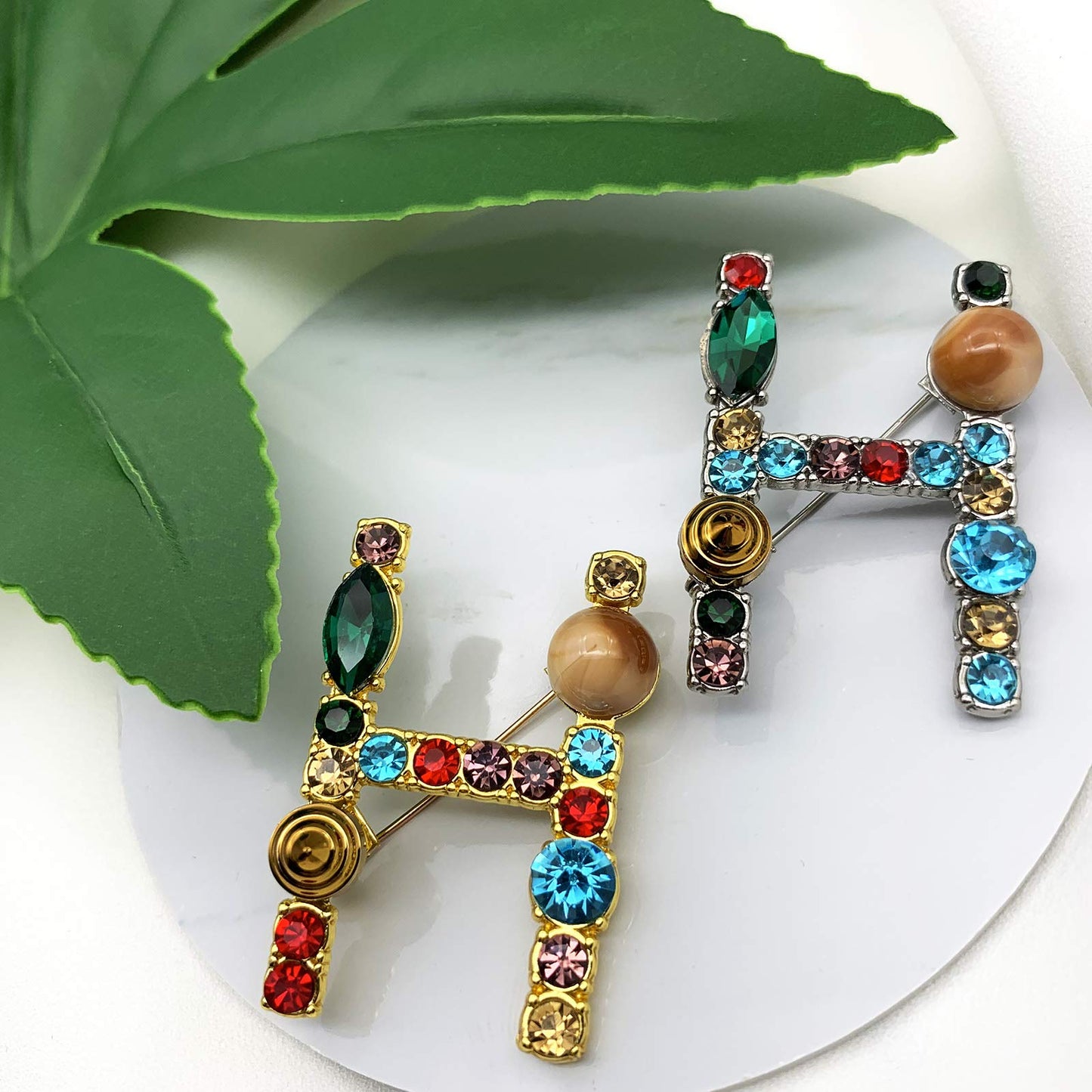 XGALBLA Letters H Plated Metal Stone Clear Colorful Crystal Lapel Pin Brooches Collar(Gold Tone)