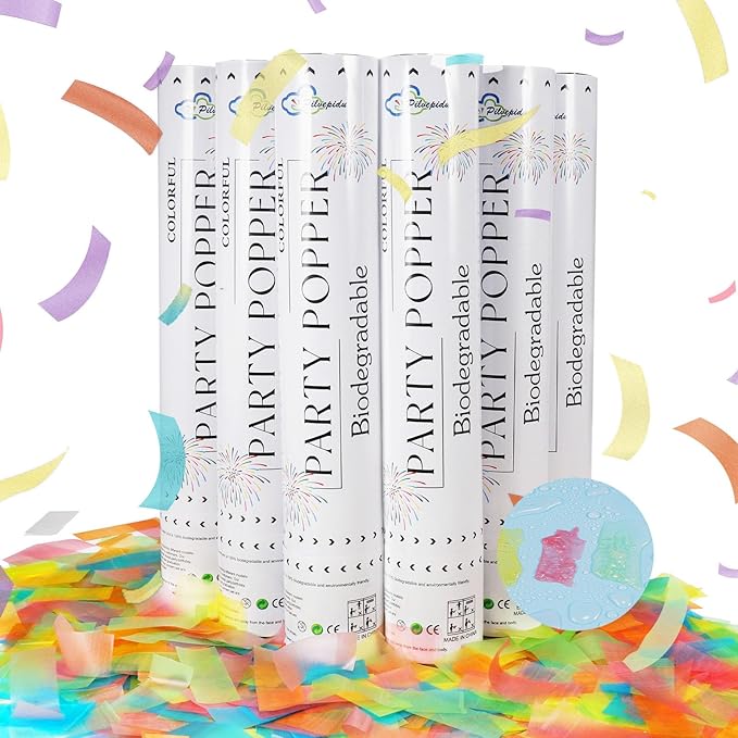Rice Paper Biodegradable Confetti Cannon,6Pack Biodegradable Mulitcolor Confetti Poppers Party Shooters,12inch Party Poppers For Lawns Wedding,Birthday,Celebrations,Photo Shoots and New Years.