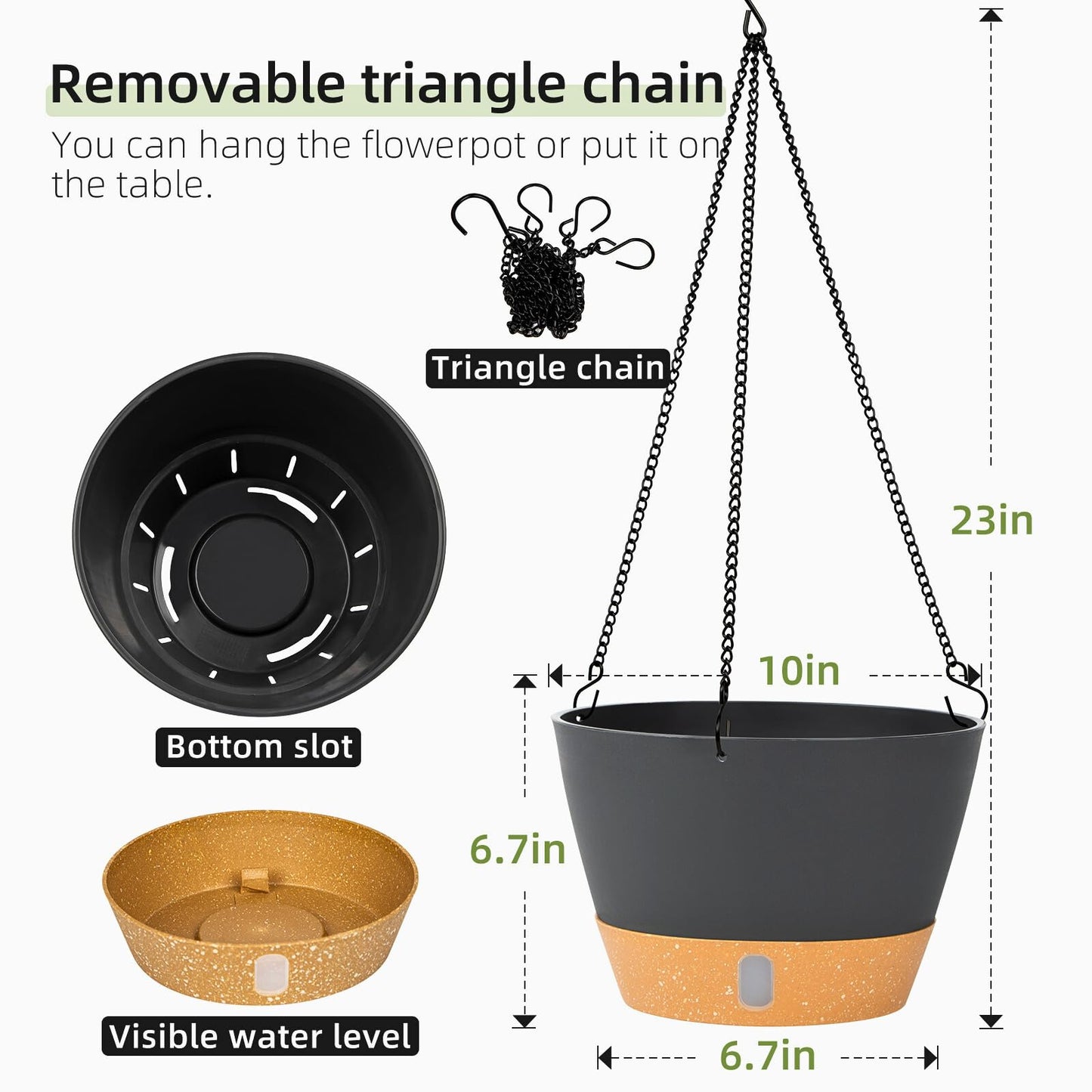 QCQHDU 2 Pack 10 Inch Hanging Planters for Indoor Outdoor Plants, Hanging Baskets Flower Pots with Reservoir Tray & Visible Water-Level