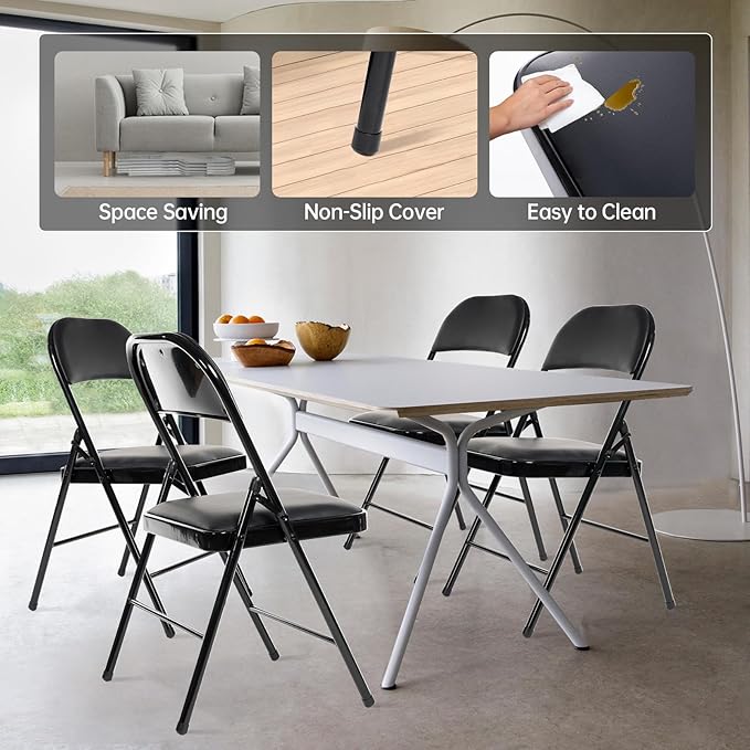 8 Pack Folding Chairs with Padded Seats, Padded Folding Chair with Steel Frame for Events Home Office, Pu Leather Folding Chair Black