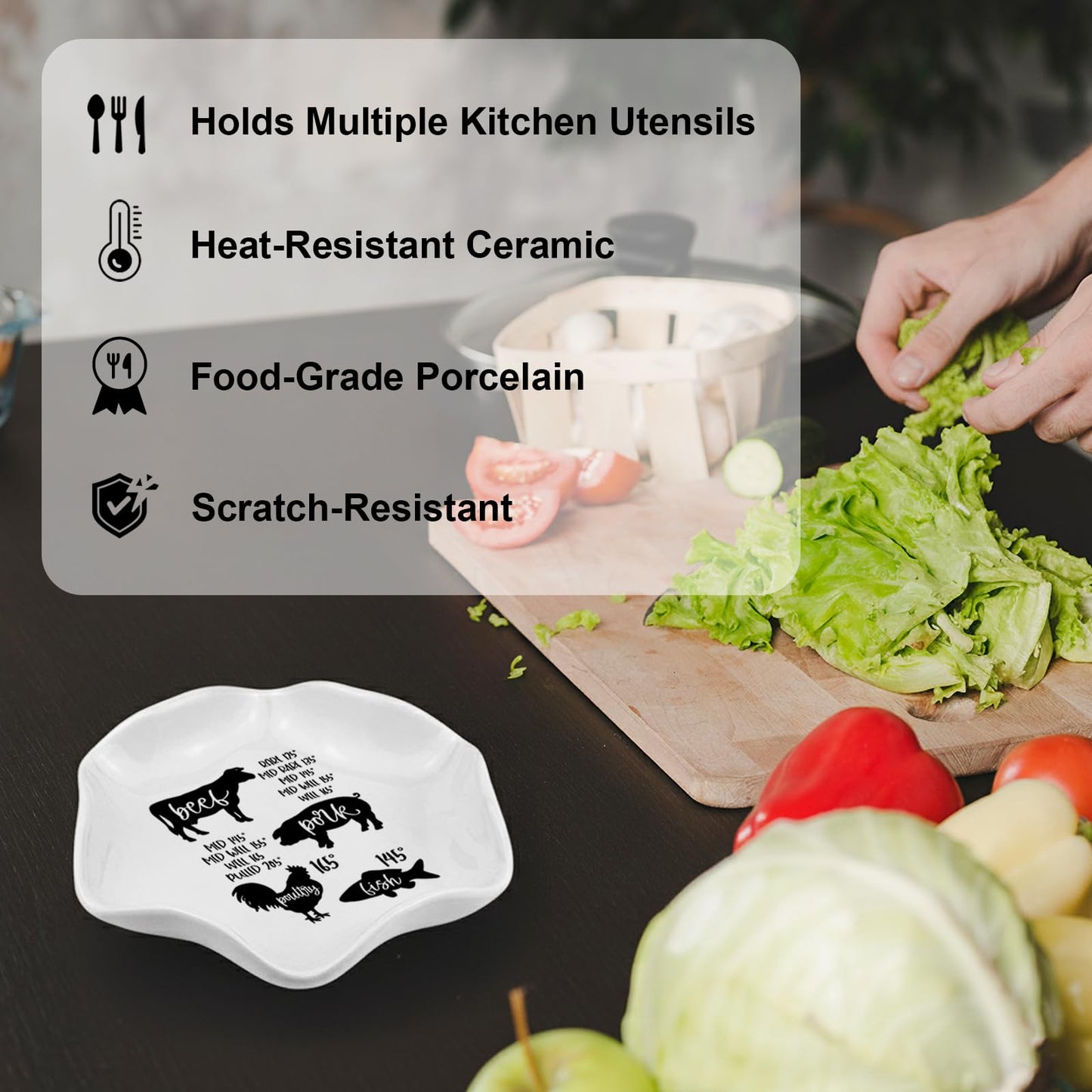 Cooking Temperatures Chart Large Spoon Rest for Kitchen, Ceramic Heat Resistant Utensil Holder for Stove Top, Funny Gift for Cooking Lovers Chirstmas Housewarming Present, 5.8 Inches