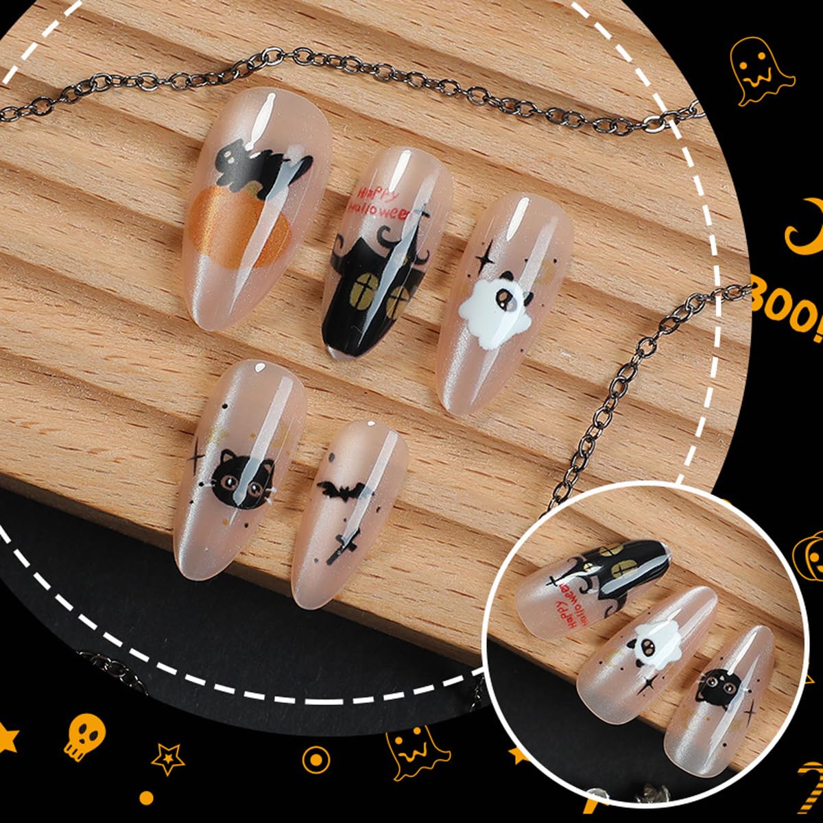 Halloween Press on Nails Medium Nude Fake Nails Spooky and Cute False Nails Press ons with Pumpkin,Ghost,Bat,Cat Designs-Reusable Artificial Nail Full Cover Stick on Nails for Women Manicure 24Pcs