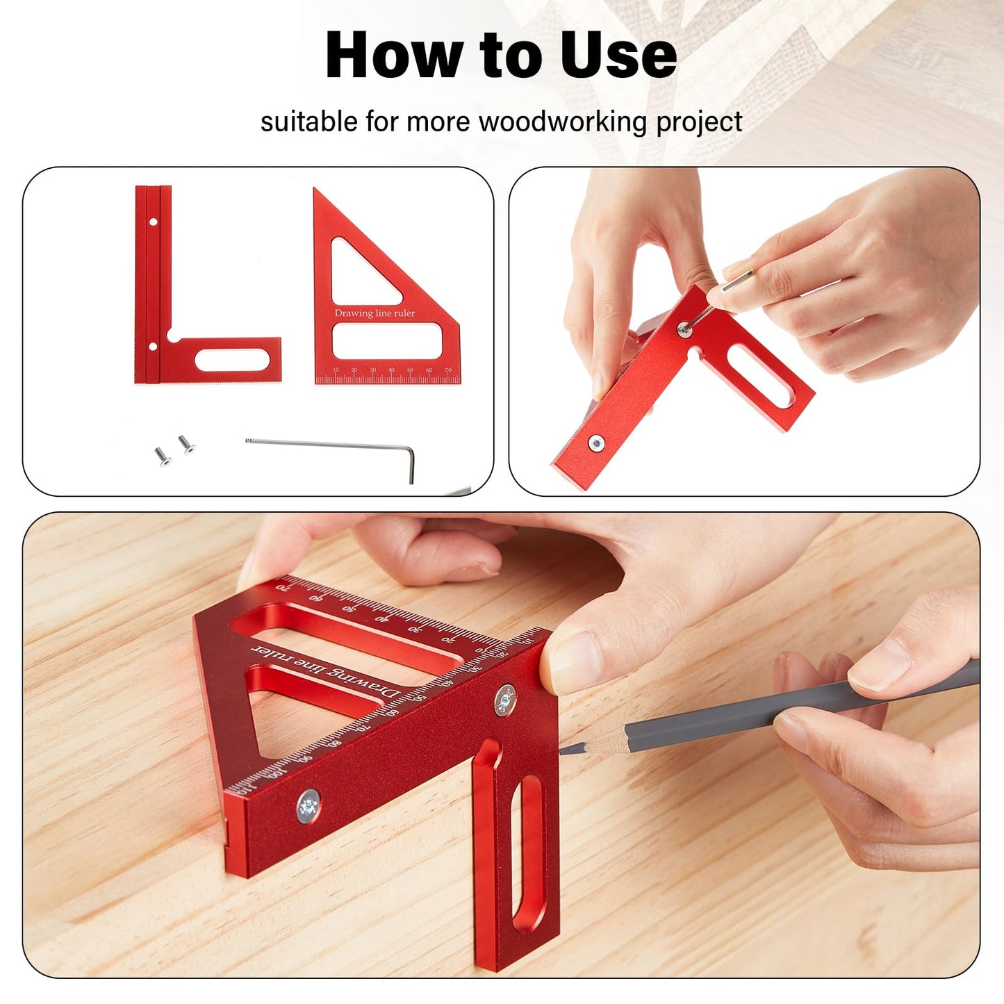 Saysurey 4 Pcs Woodworking Ruler, Metal Precision Pocket Rulers 12, 8, 6 Inch with 3D Multi Angle Measuring Ruler 45/90 Degree for Precision Measuring Marking Inch and Metric