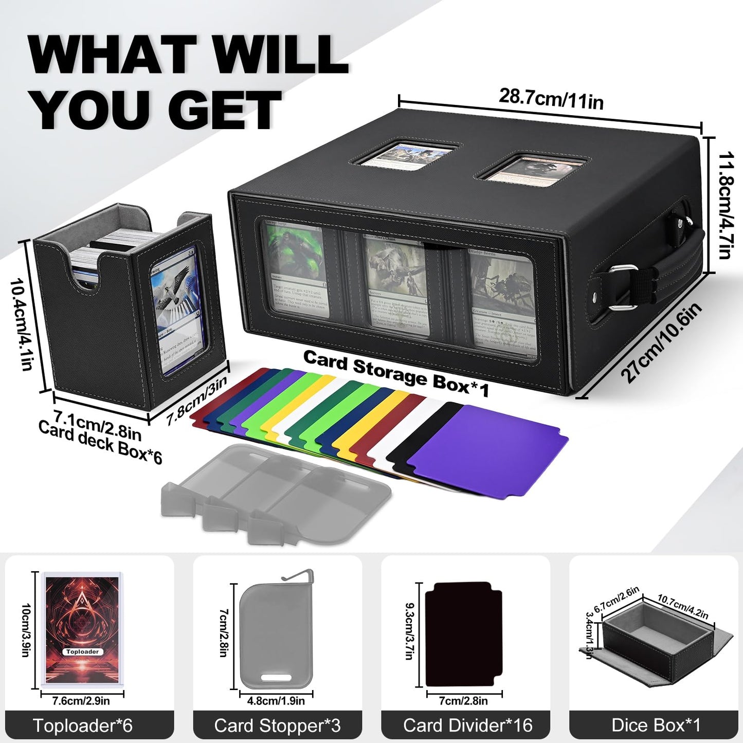 RyshePro 7-in-1 Trading Card Storage Box with Handle, MTG TCG Deck Box with Commander Display Fits 1300+ Sleeved Cards - Includes 6 Toploaders, 3 Stoppers, 16 Colorful Dividers & Dice Box (Black Grey)