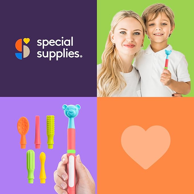 Special Supplies Buzz Buddy Oral Motor Stimulation kit with 6 Soft Textured Interchangeable Heads, Calm Sensory Needs, Support Speech, and Stimulate Self Feeding, Gentle Vibrations (Pink)