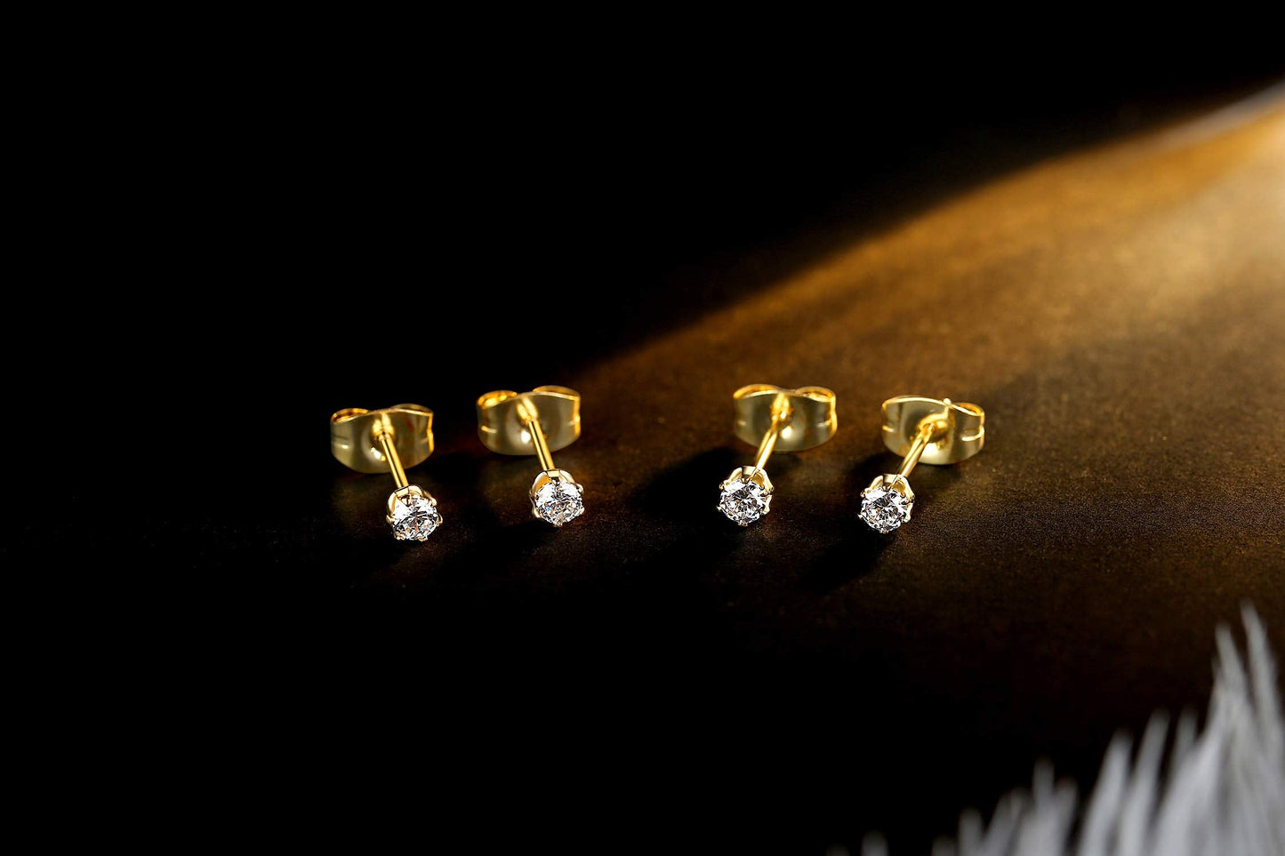 FOSIR 6 Pairs 2mm Tiny Women's 14K Gold Plated Stainless Steel Clear Cubic Zirconia Stud Earrings, 2mm CZ