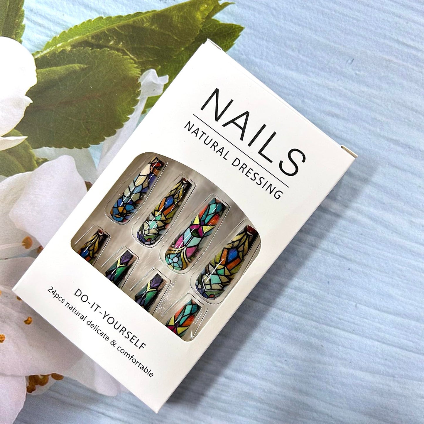 CJDLTS Colorful Geometry Press on Nails Long Ballet Shaped Full Cover Glossy Acrylic Press Ons Fake Nail Ballet Artificial Stick on Nail DIY Reusable Glue on Nails for Women 24Pcs