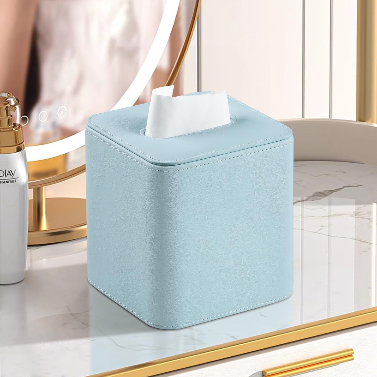 MEIBOOCH PU Leather Tissue Box Cover with Magnetic Closure, Square Tissue Box Holder with Rounded Edges Design (Blue, Square)