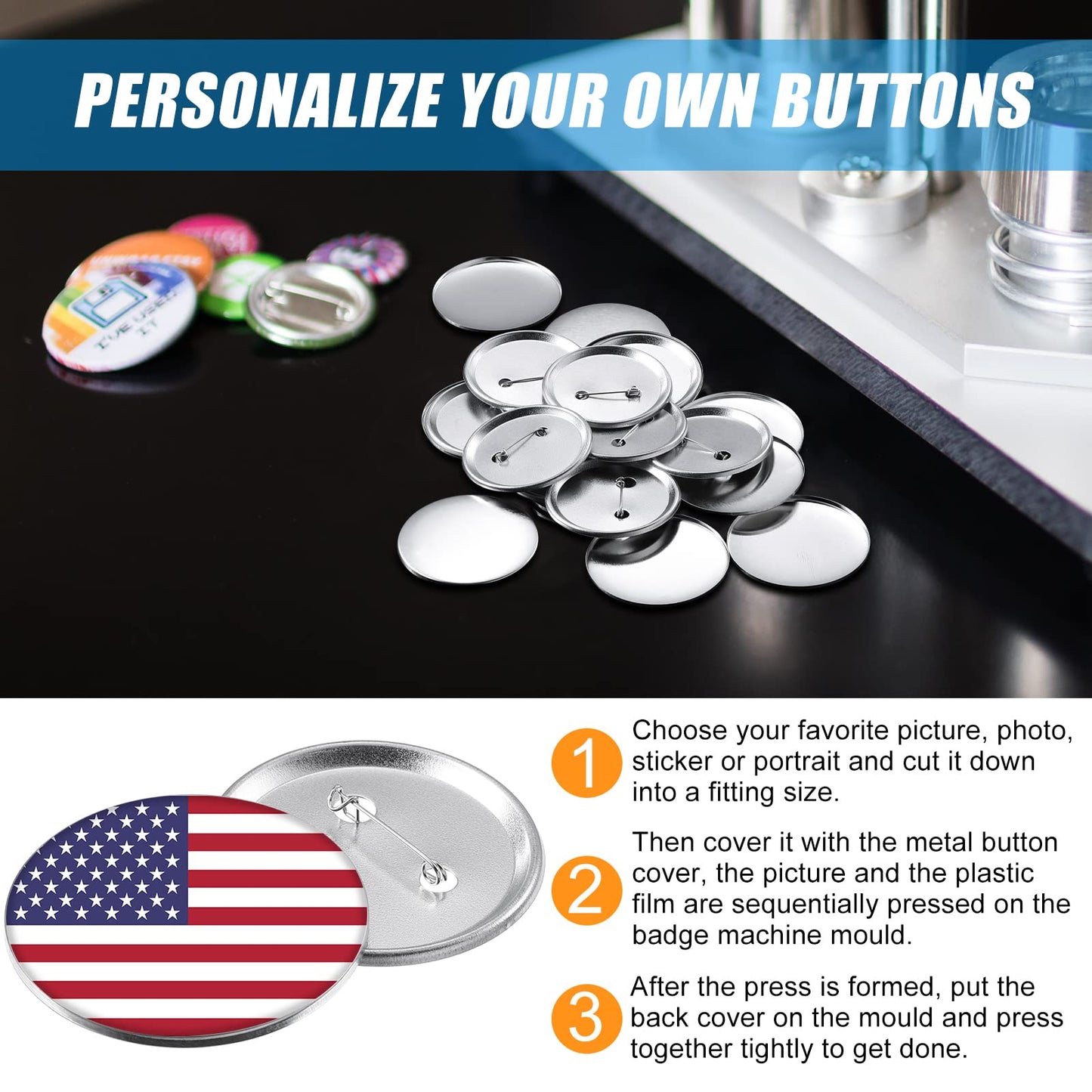 300 Pieces Blank Button Making Supplies Round Badge Parts Metal Pin Badge Kit for Button Maker Machine, Including Metal Shells Back Cover and Clear Film(2.28 Inch,Silver)