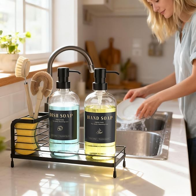 Luxspire Kitchen Soap Dispenser Set - 17oz Hand and Dish Soap Dispenser Set with Fast Drying Tray, Glass Bottle with Waterproof Labels, Kitchen Sink Organizer, Bathroom Countertop Organizer, Black