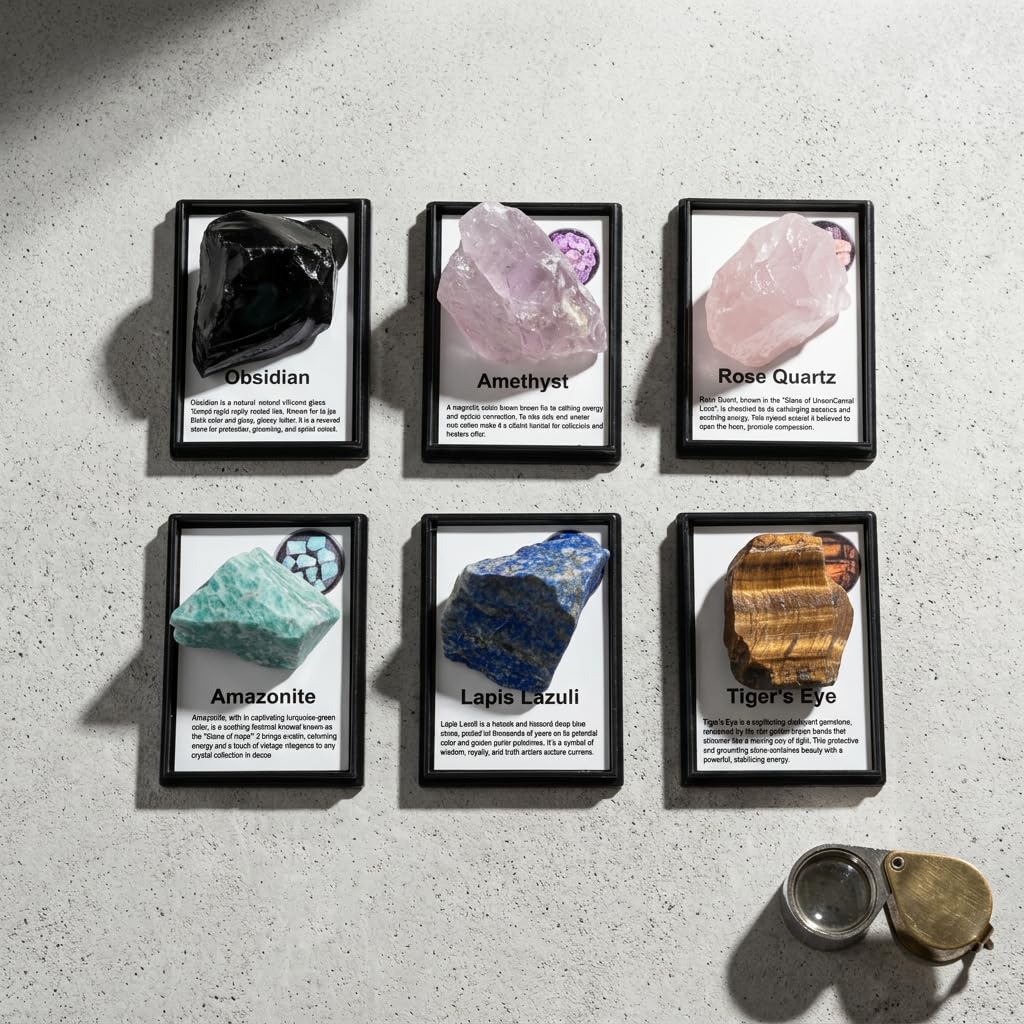 6 Pcs Natural Gemstone Specimens Set, Includes Tiger Eye, Amazonite, Lapis Lazuli, Amethyst, Rose Quartz & Obsidian, Comes with Acrylic Display Case with Removable Lid