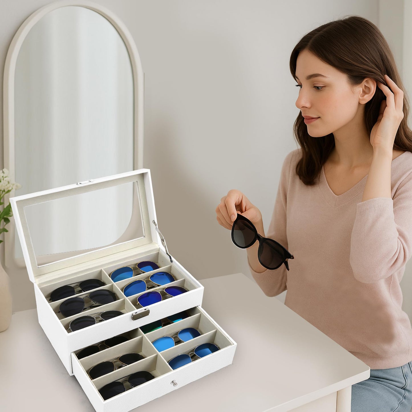 Homeanda 2-Layer Sunglasses Case - 12 Slots Hard Shell Eyeglasses Storage Box PU Leather Organizer, Protective Glasses Organizer Christmas Gift for Men and Women(White)