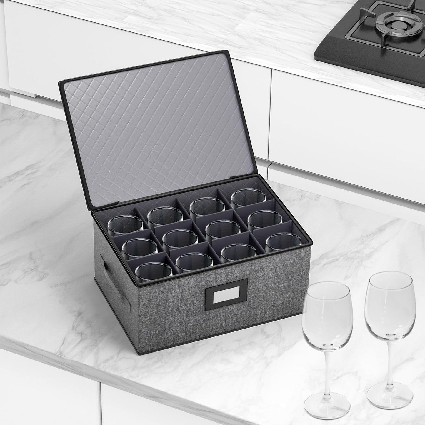 Aokeyee 2-Pack Wine Glass Storage Box with Dividers, Hard Shell Stemware Case Holds 24 Crystal Glasses & Drinkware, for Moving & Protection, Grey