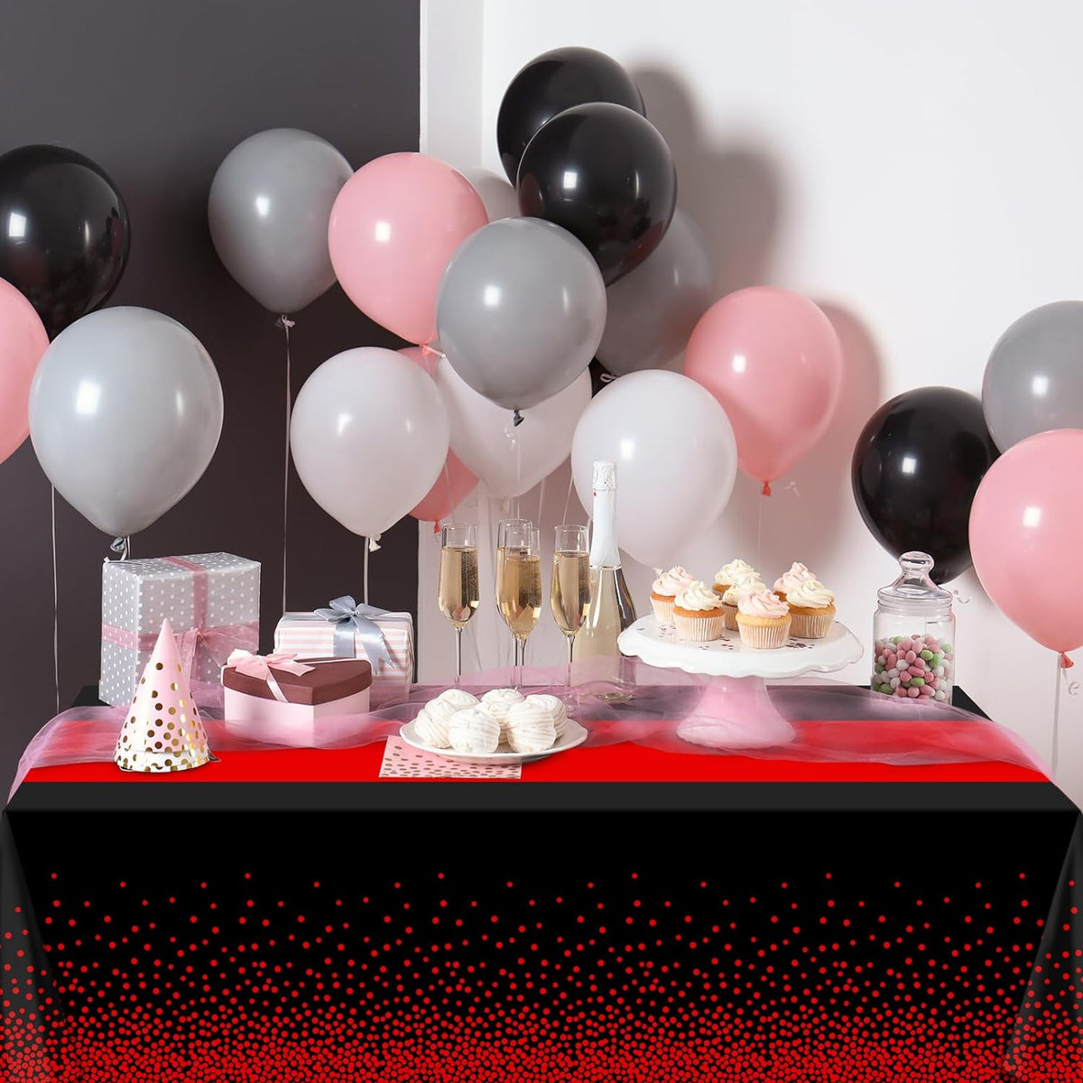 MASHAN 6Pcs Black and Red Tablecloth Party Decorations,Plastic Black Table Cloth Printed Red Table Runner Disposable Rectangle Cover for Birthday Weeding Anniversary Graduation Party,54 x108 Inch