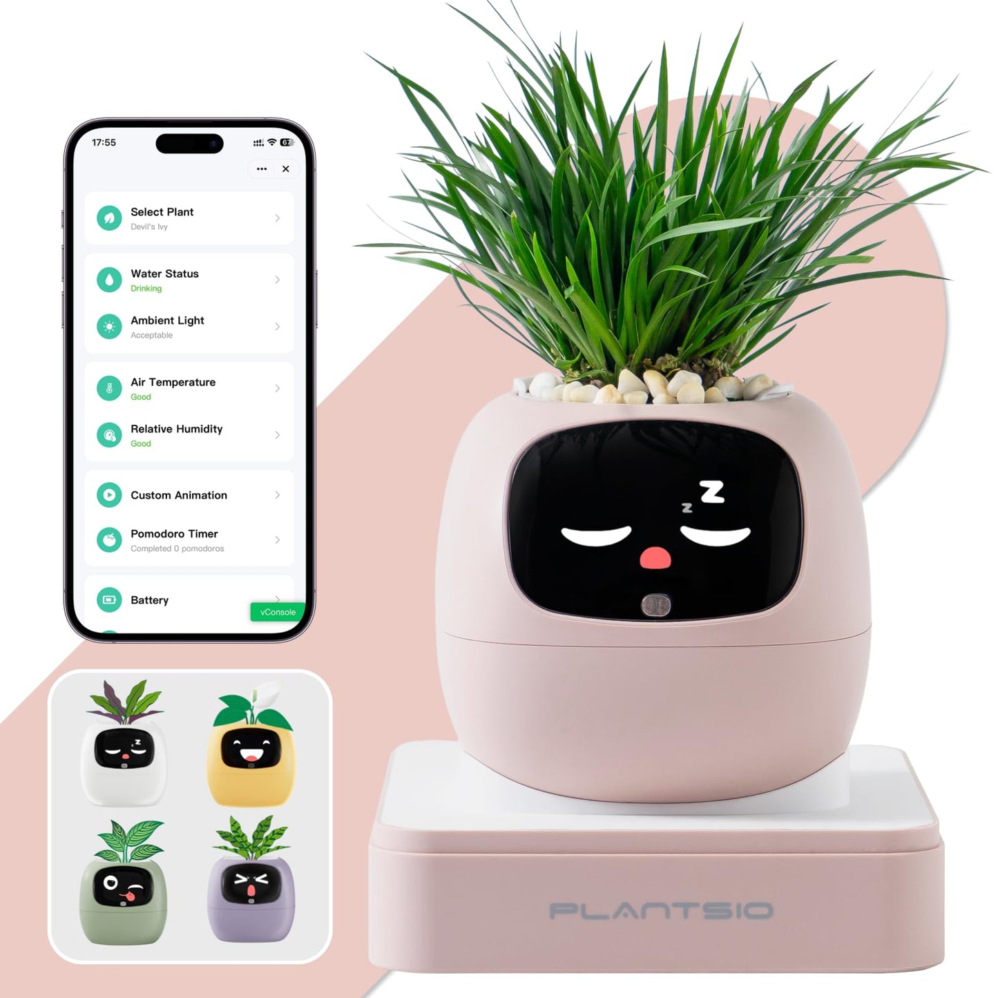 Smart Plant Pot with Visual Display – Soil Moisture, Water Level, Light & Battery Monitor, 80ml Self-Watering Reservoir, Supports 100+ Plants, Pomodoro Timer, Clock & Calendar-Pink