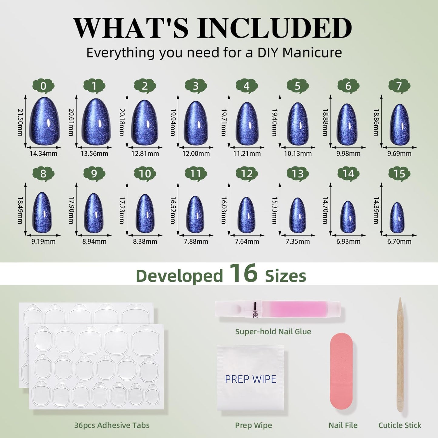 Blue Cat Eye Press On Nails Almond - Dark Blue Short Almond Fake Nails, Cateye Press On Nails Reusable Stick On Nails in 16 Sizes, 32pcs False Nail Kit for Women & Girls (Deep Ocean)