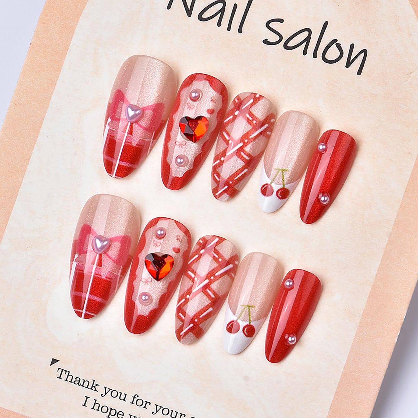 30pcs Valentines Press on Nails Medium Almond French Tip Fake Nails Red Stripe Full Cover False Nails with 3d Heart Rhinestones Designs Glue on Nails Pink Bow Artificial Stick on Nail Supply for Women