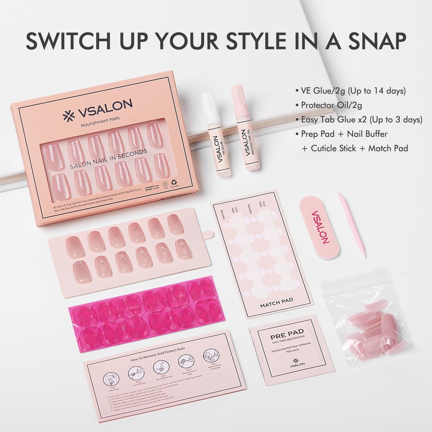 VSALON Short Coffin Press On Nails - Cat Eye Crystal Pink Glitter Fake Nails, Spring Summer Shimmer Reusable Opaque Fake Nails with Cuticle Oil - 32 PCS Stick On Nails in 16 Sizes