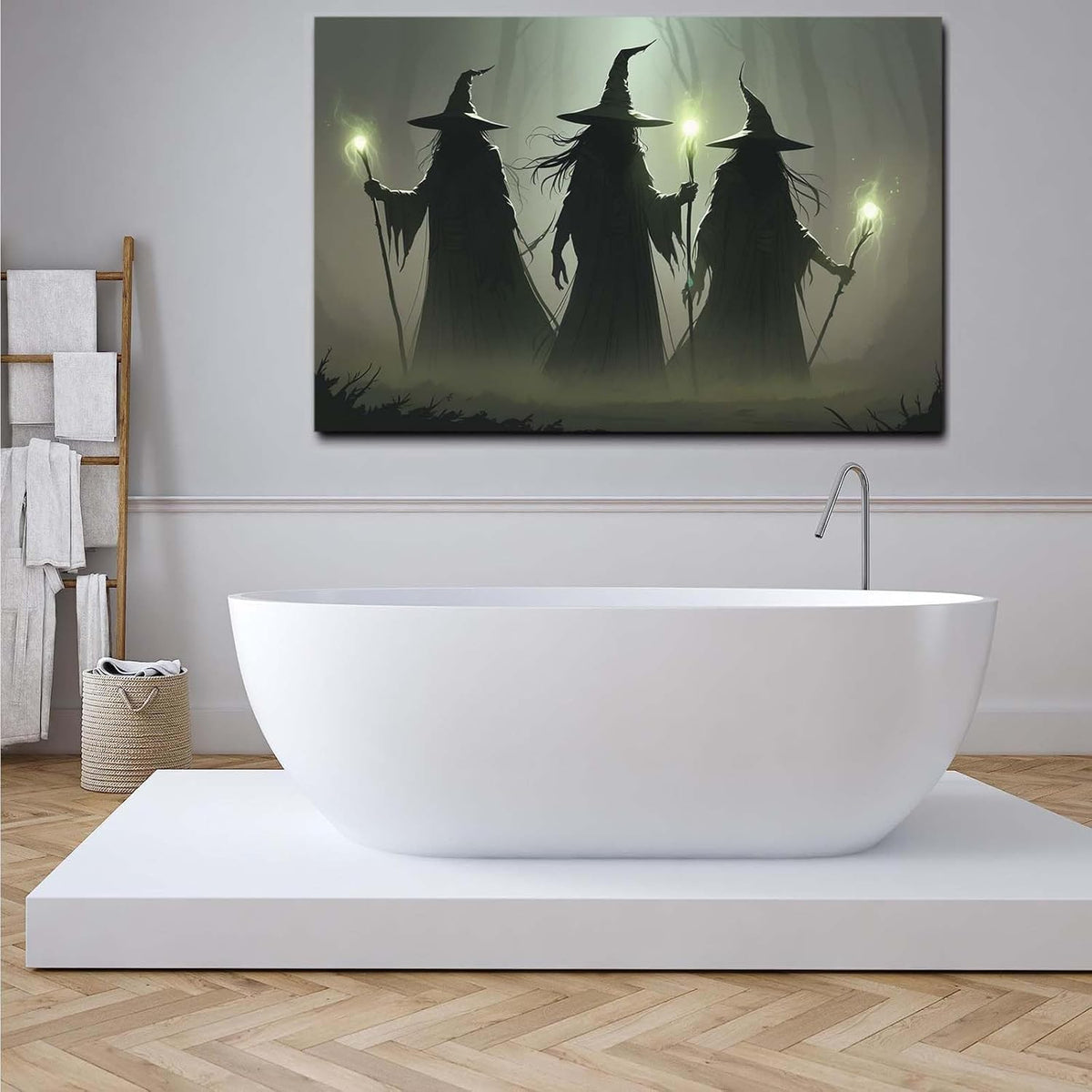 Vintage 3 witches canvas wall decor melancholy dark Halloween poster wall decor holding a staff print Gothic horror Halloween painting print for living room bedroom12x16in Wood Framed