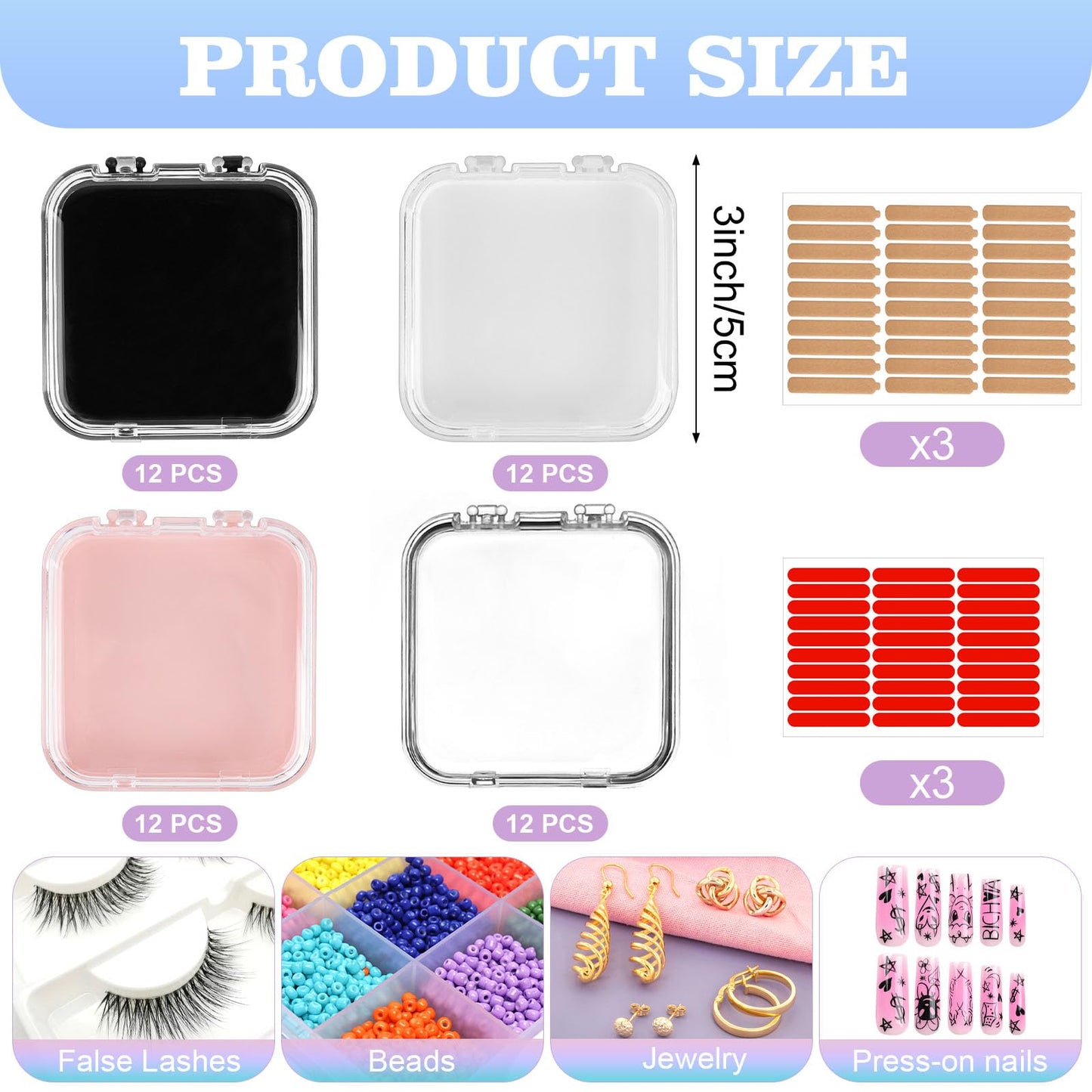 Aemygo 48 Sets Press On Nail Storage Box, Artificial Nail Display Case Acrylic Nail Boxes Press On Nail Packaging Box, Adhesive Double Sided Tape Nail Box for Nail Salon（4 Colors）