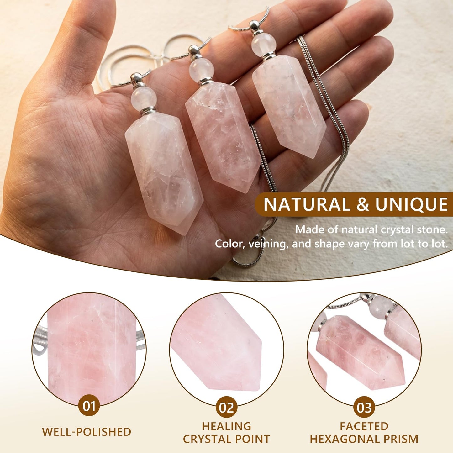 SUNYIK Rose Quartz Stone Essential Oil Diffuser Necklace for Women, Hexagonal Pointed Healing Crystal Perfume Bottle Pendant with Chain for Men, 28"