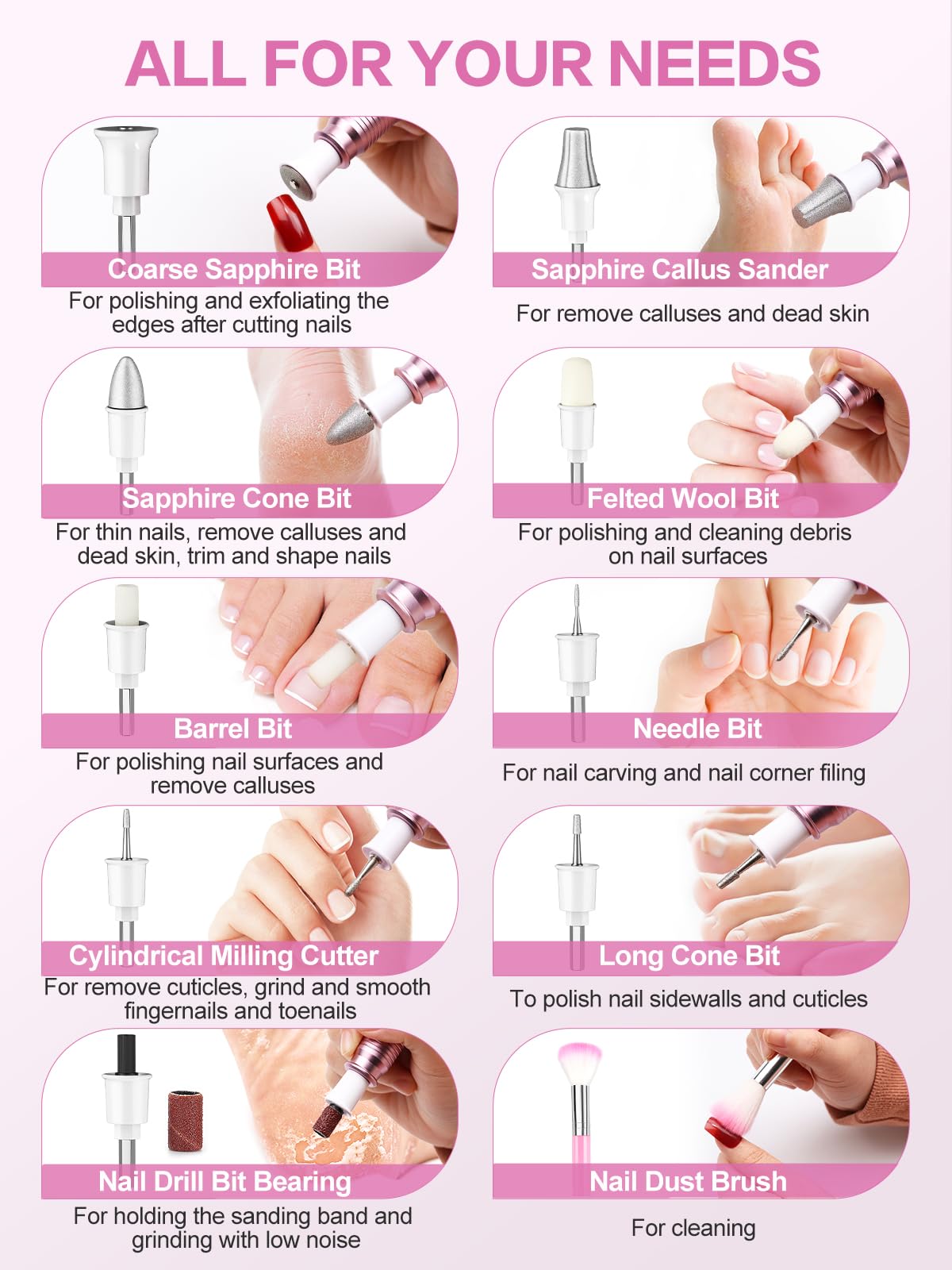 Subay Professional Manicure Pedicure Kit, Electric Nail Drill Set with LED Display, 25000RPM, 11-Piece Attachments Plus 20 Sanding Bands, Nail Grinder Tool for Women Men Baby Pets, with Dust Brush