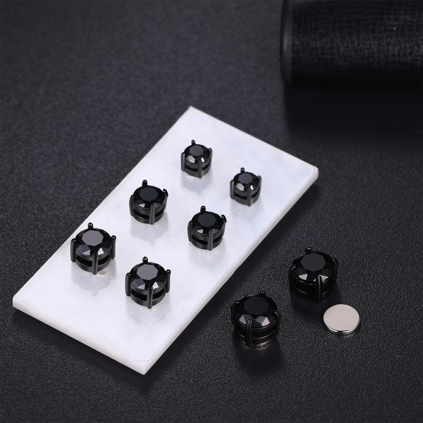 Magnetic Non-piercing Clip On Earrings: Stainless Steel 5-8mm Black CZ Inlay Round Fake Cheater Studs for Men Women, 4 Pairs