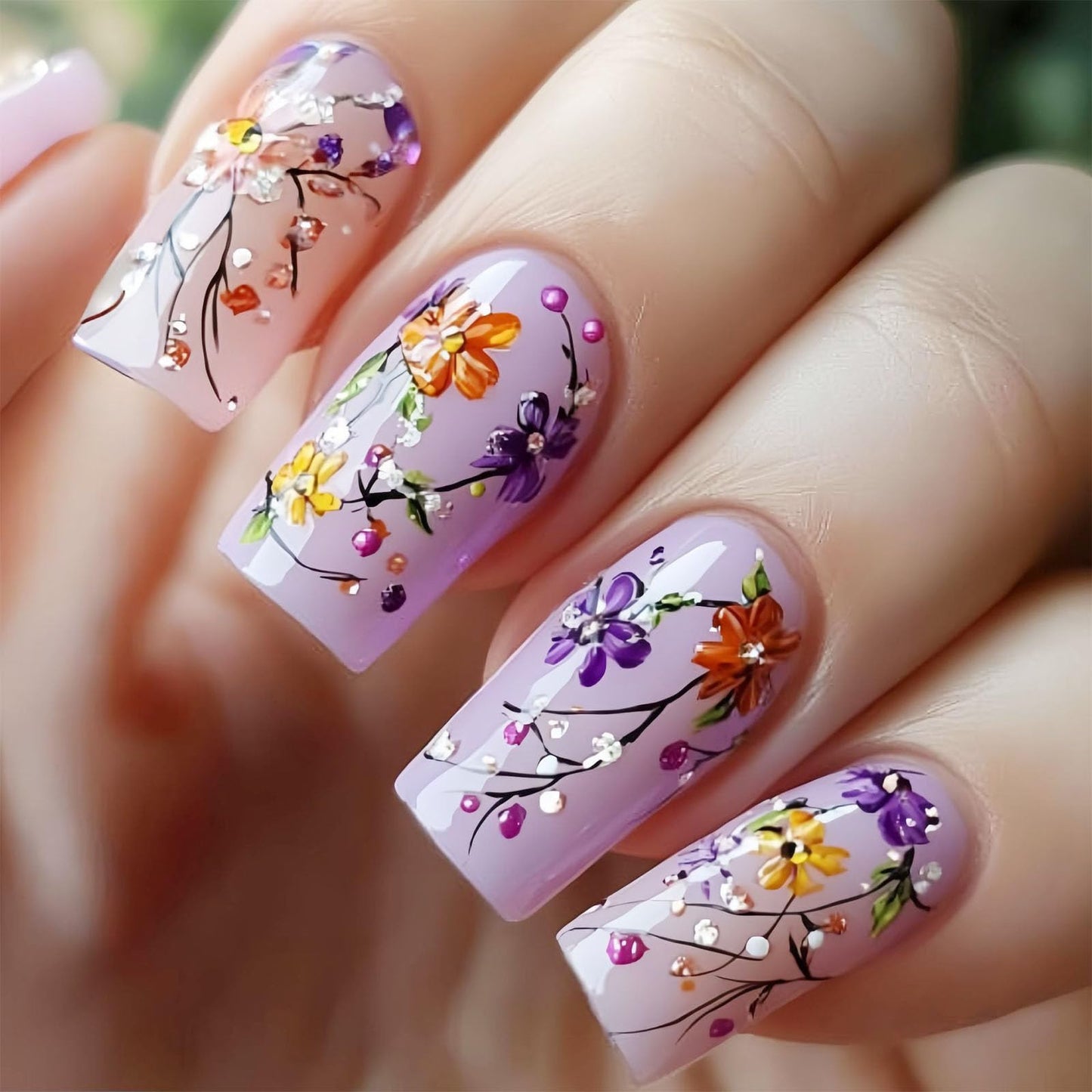 Summer Press on Nails Medium Square Fake Nails with Color Floral Designs Glossy Nails Press ons Purple Glue on Nails Spring Acrylic Nails Artificial Stick on Nails for Women 24Pcs