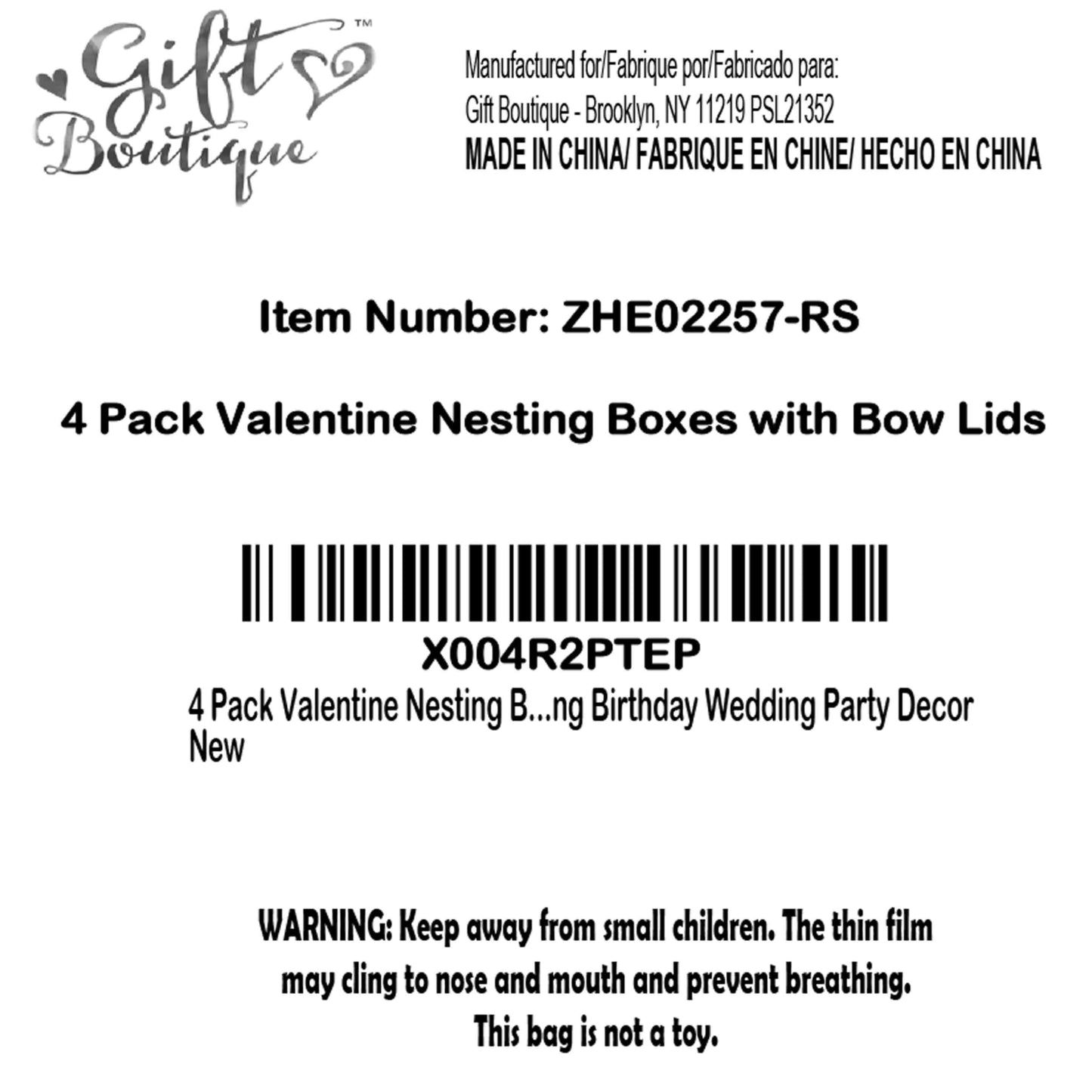 Gift Boutique 4 Pack Valentine Nesting Boxes with Bow Lids Black Red Hearts Stacking Square Box Gifts Presents Wrapping Birthday Wedding Party Decor