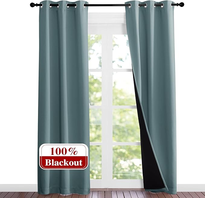 NICETOWN Greyish Blue Blackout Curtains 84 inches Long, Full Light Blocking Drapes with Black Liner for Nursery, Noise Reducing Thermal Insulated Draperies for Doorway (2 Pieces, 37" Wide Each Panel)