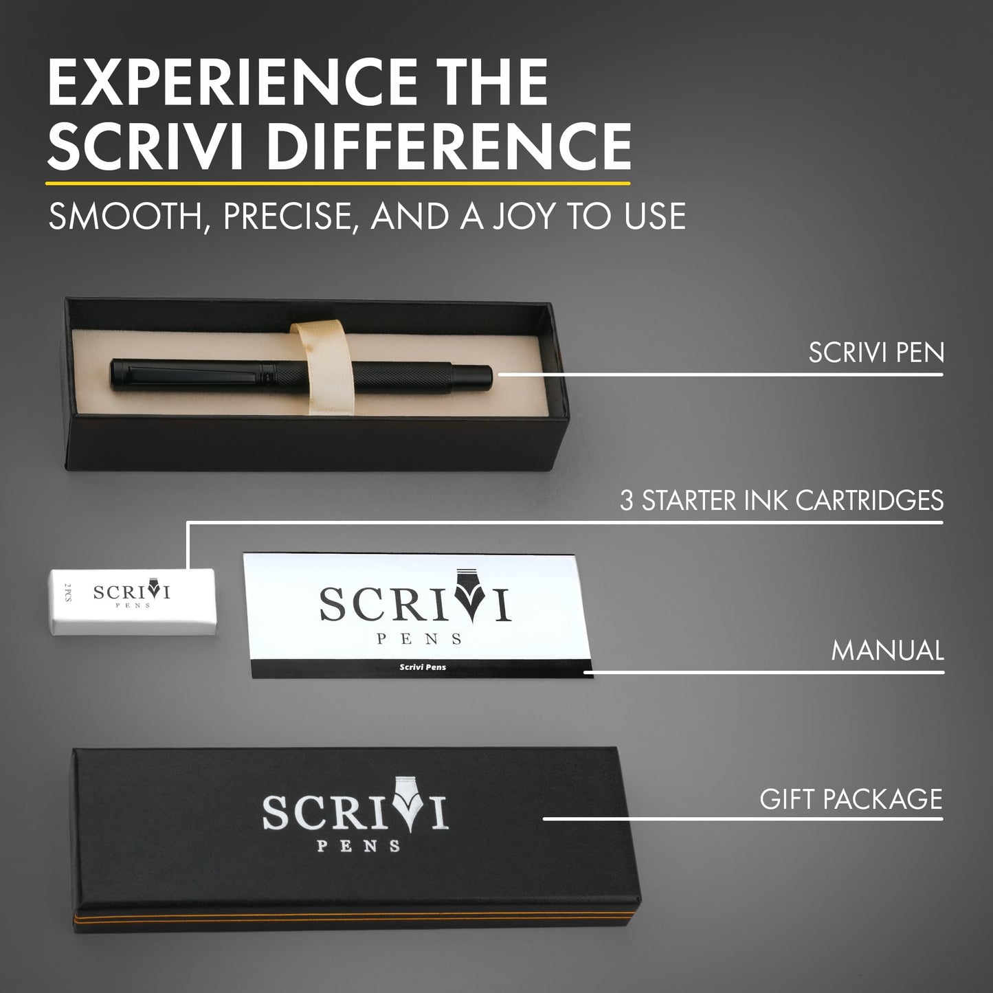 SCRIVI PENS Luxury Fountain Pen Set-[Black] Fountain Pens for Writing - Smooth Medium Nib - Includes Refillable Ink Converter, 5 Ink Cartridges [Black & Blue], Gift Box - Elegant Calligraphy